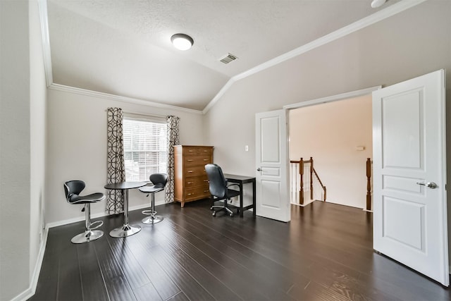 office space with ornamental molding, a textured ceiling, dark hardwood / wood-style floors, and lofted ceiling