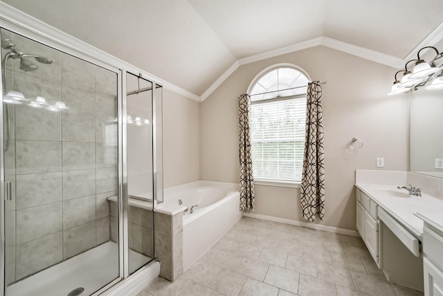 bathroom with vanity, separate shower and tub, vaulted ceiling, crown molding, and tile patterned flooring