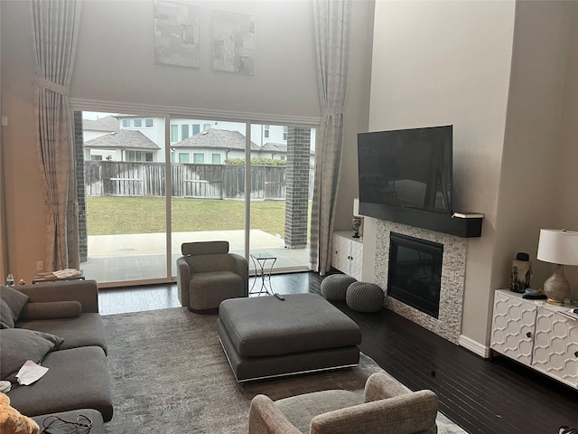 living room with hardwood / wood-style floors and a fireplace