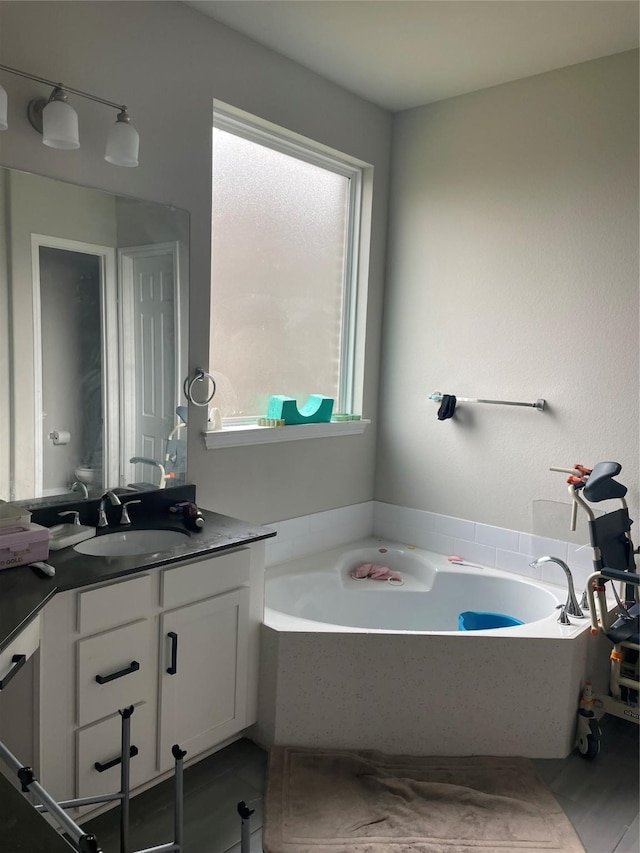 bathroom with a tub and vanity