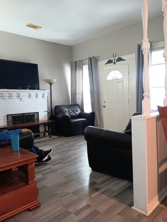 living room featuring a fireplace and wood-type flooring