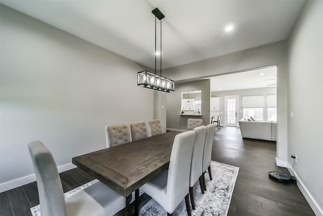 dining space featuring dark wood-type flooring