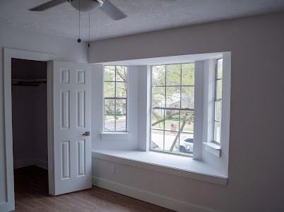 unfurnished bedroom with ceiling fan, wood-type flooring, and a closet