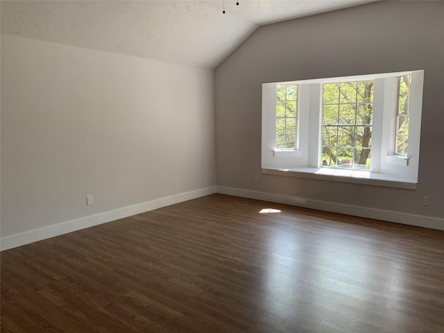 interior space with dark wood-type flooring, vaulted ceiling, and a textured ceiling