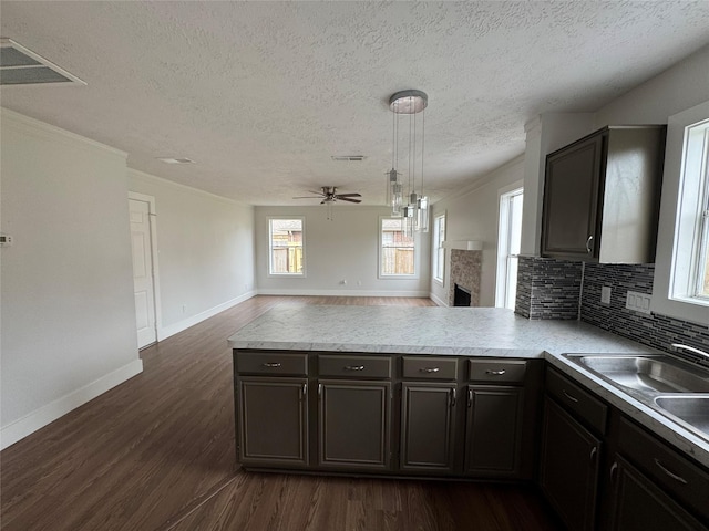 kitchen with ceiling fan, dark brown cabinetry, dark hardwood / wood-style floors, and backsplash