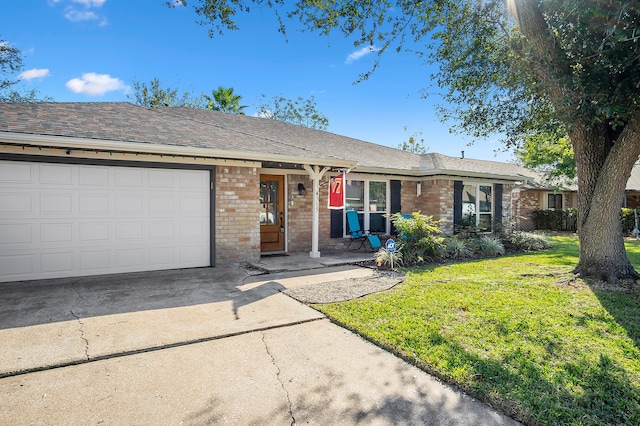 4515 Ponca St, Pasadena, TX 77504 - ranch-style home featuring concrete driveway, brick siding, an attached garage, a front yard, and a shingled roof