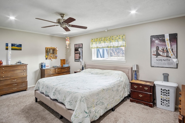 4515 Ponca St, Pasadena, TX 77504 - bedroom featuring light carpet, crown molding, and a ceiling fan