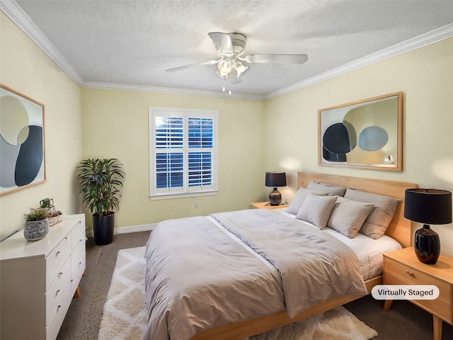 carpeted bedroom with ceiling fan, ornamental molding, and a textured ceiling