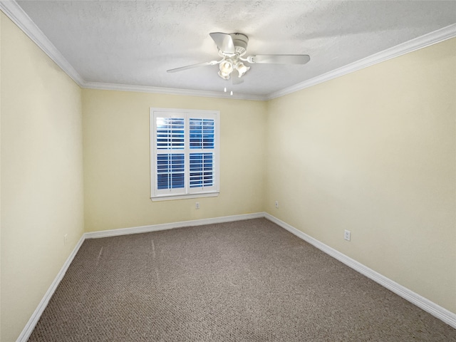 carpeted empty room with a textured ceiling, ceiling fan, and crown molding