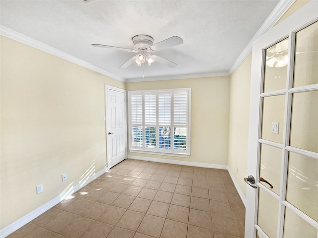 unfurnished room featuring light tile patterned floors, a textured ceiling, ceiling fan, and crown molding