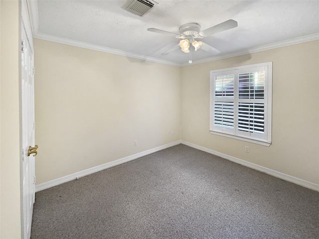 carpeted empty room featuring ceiling fan and ornamental molding