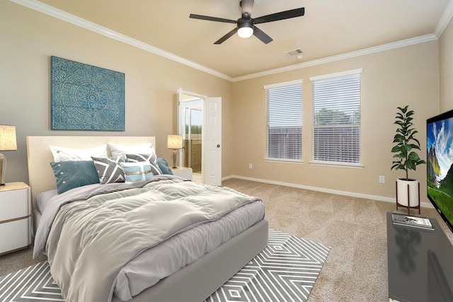 bedroom featuring carpet, ceiling fan, and ornamental molding