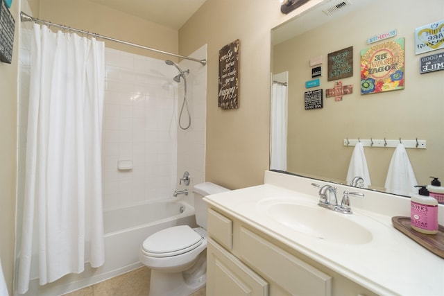 full bathroom featuring tile patterned flooring, vanity, toilet, and shower / bathtub combination with curtain