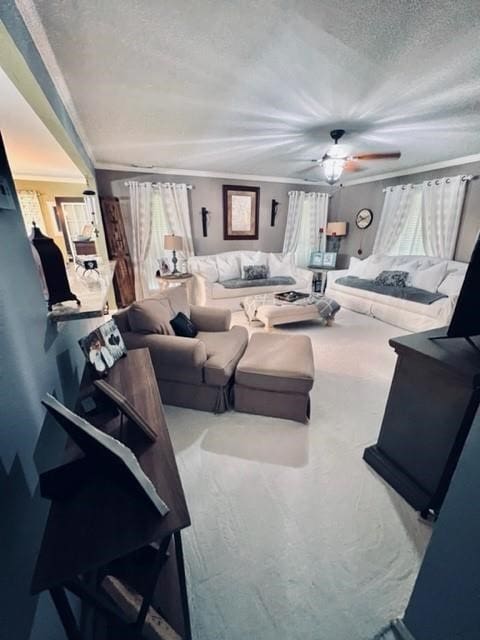 living room with carpet flooring, crown molding, ceiling fan, and a textured ceiling