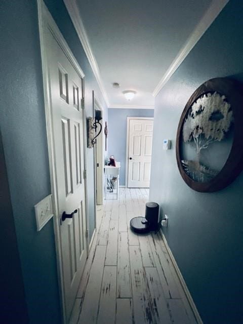 corridor featuring light hardwood / wood-style floors and crown molding