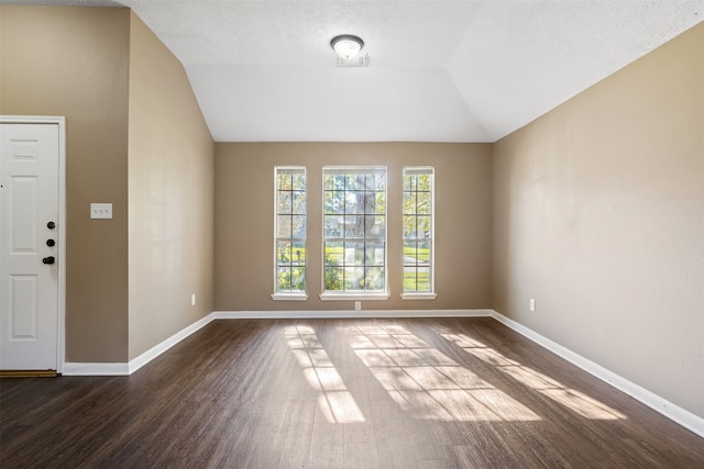 entryway with a textured ceiling, dark wood-type flooring, and vaulted ceiling