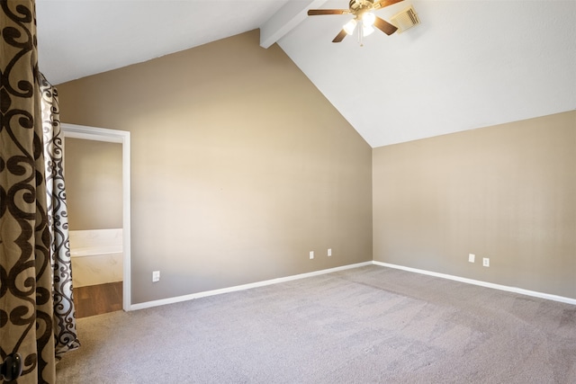 bonus room with carpet flooring, vaulted ceiling with beams, and ceiling fan