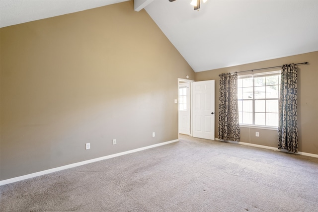 carpeted spare room featuring beam ceiling, ceiling fan, and high vaulted ceiling