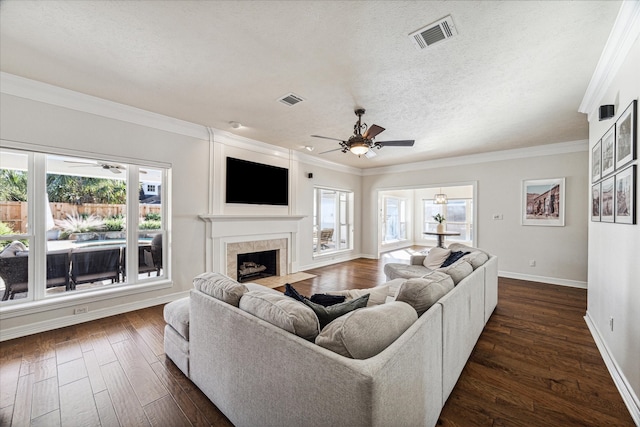 living room featuring a tile fireplace, dark hardwood / wood-style flooring, and a healthy amount of sunlight