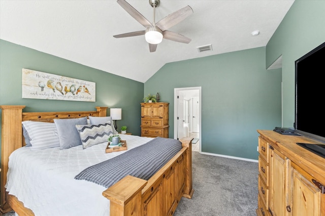 carpeted bedroom featuring lofted ceiling, baseboards, visible vents, and ceiling fan