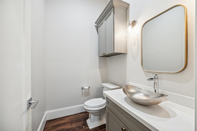 bathroom with vanity, wood-type flooring, and toilet