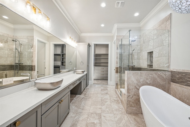 bathroom with vanity, plus walk in shower, and ornamental molding