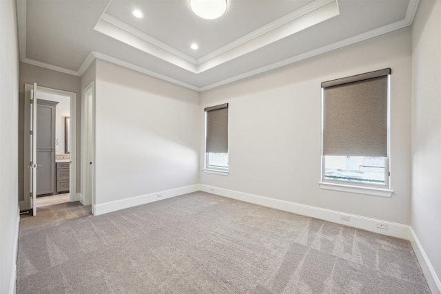 carpeted empty room with a tray ceiling, plenty of natural light, and crown molding