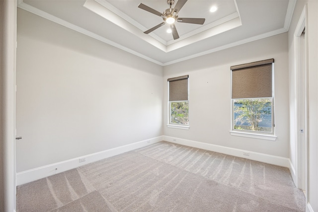 carpeted spare room with a tray ceiling, ceiling fan, and ornamental molding