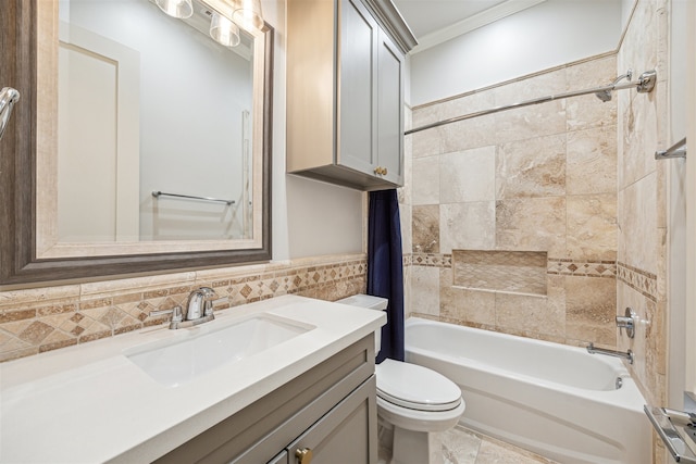 full bathroom featuring shower / tub combo, ornamental molding, vanity, tile walls, and toilet