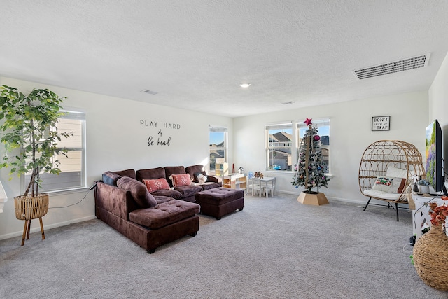 living room with a textured ceiling and light carpet