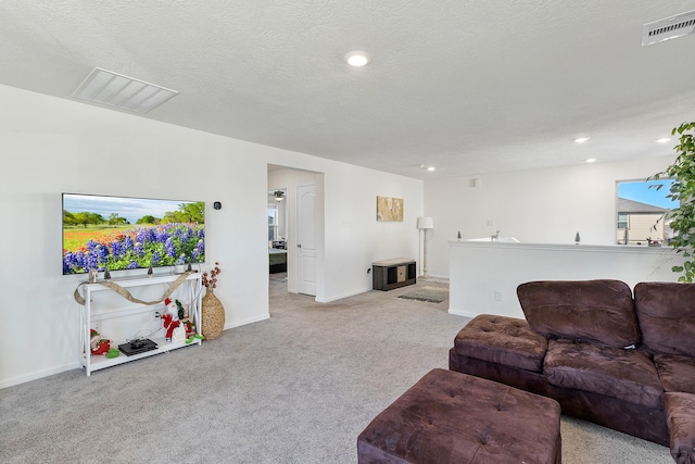 living room featuring light colored carpet and a textured ceiling