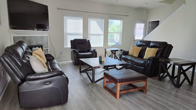 living room featuring wood-type flooring and a fireplace