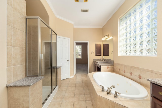 bathroom with crown molding, vanity, plus walk in shower, and tile patterned flooring