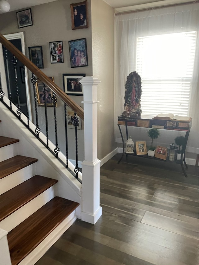 stairs featuring hardwood / wood-style floors