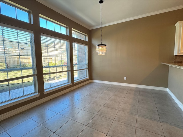 unfurnished dining area with light tile patterned flooring, a wealth of natural light, and a chandelier