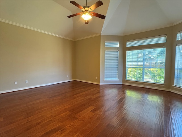 spare room with crown molding, high vaulted ceiling, dark hardwood / wood-style floors, and ceiling fan