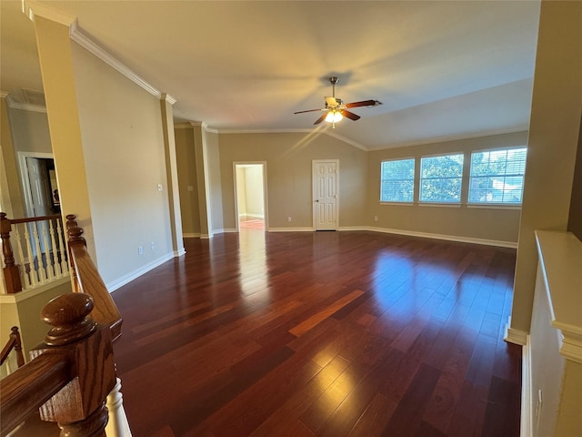 living room with crown molding, ceiling fan, dark hardwood / wood-style floors, and vaulted ceiling