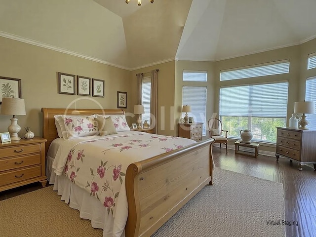 bedroom with ornamental molding, dark hardwood / wood-style flooring, and high vaulted ceiling