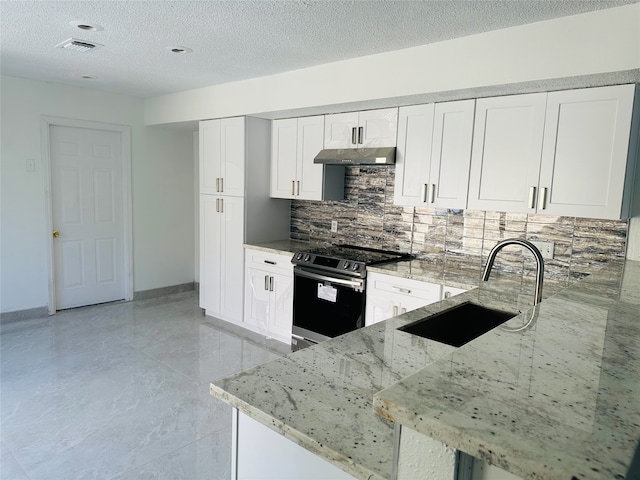 kitchen featuring light stone countertops, backsplash, sink, electric stove, and white cabinets