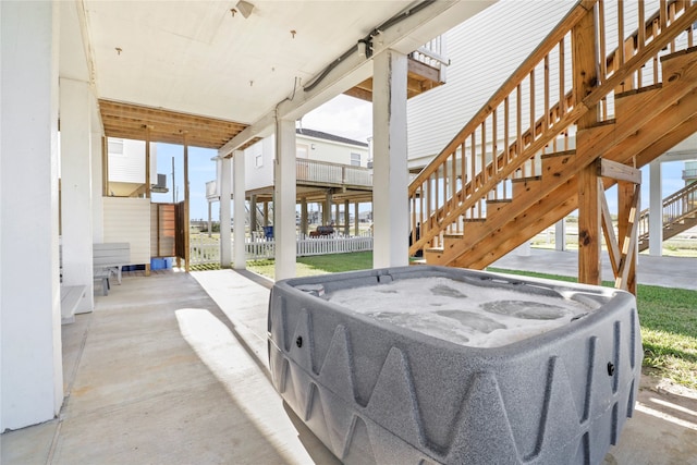 view of patio / terrace featuring a hot tub