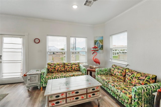 living room featuring light hardwood / wood-style floors and ornamental molding