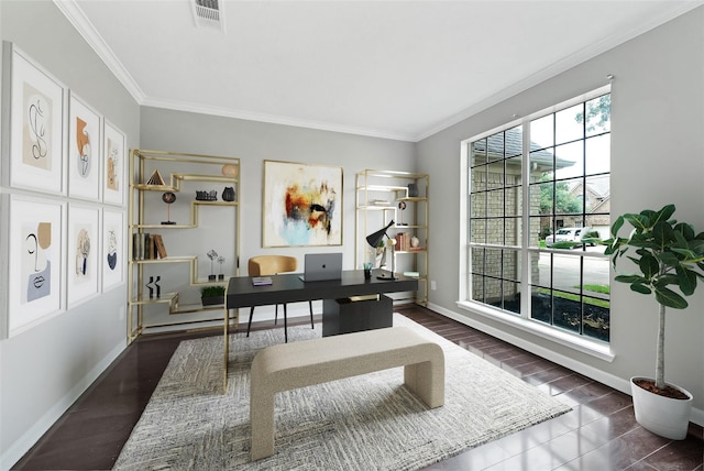 office with dark hardwood / wood-style floors and crown molding