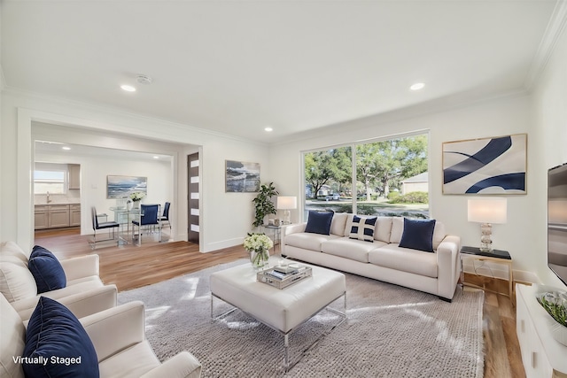 living room with hardwood / wood-style floors, sink, and crown molding