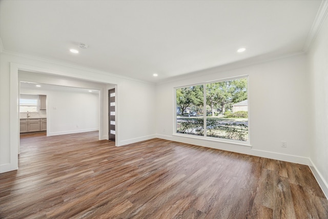 spare room featuring a wealth of natural light, crown molding, wood-type flooring, and sink