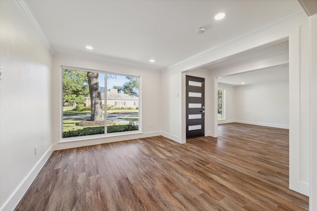 interior space with dark hardwood / wood-style flooring and crown molding