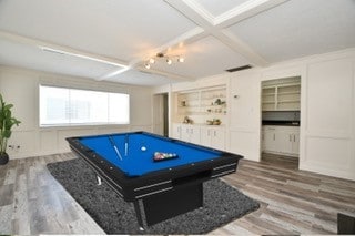 rec room with beam ceiling, wood-type flooring, billiards, and coffered ceiling