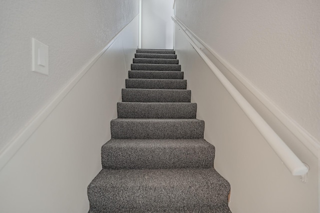 stairway featuring carpet flooring