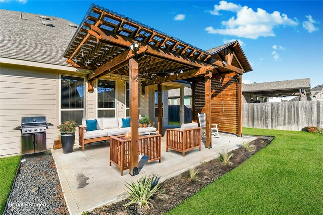 view of patio / terrace with an outdoor living space, grilling area, and a pergola