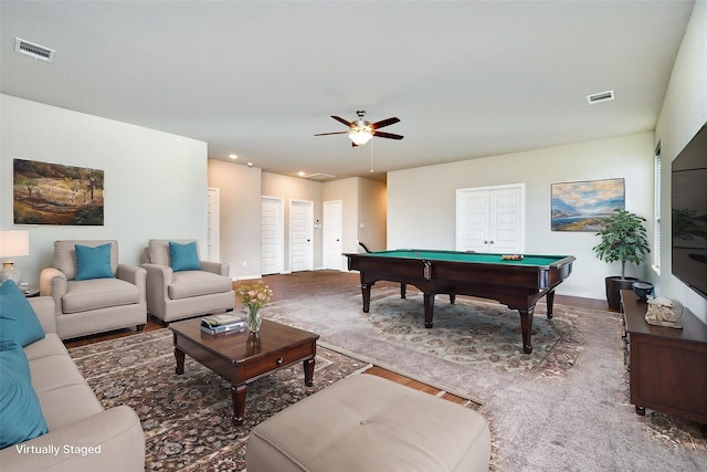 rec room with pool table and ceiling fan