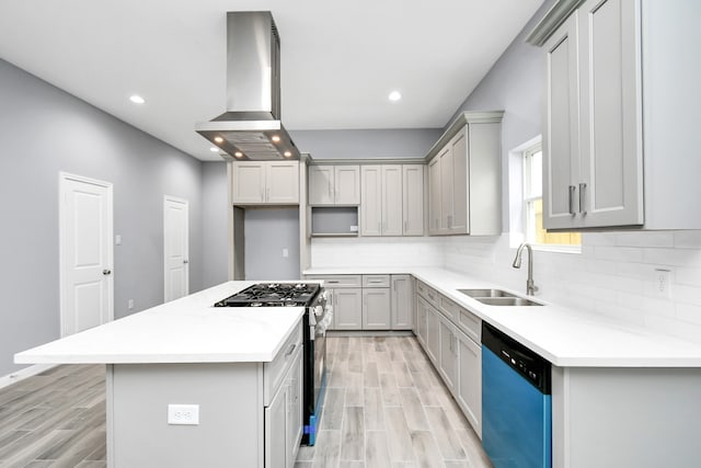 kitchen featuring gray cabinetry, sink, wall chimney exhaust hood, and appliances with stainless steel finishes